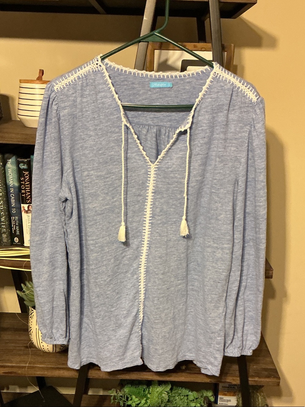 J McLaughlin Light Blue Tassel Tie Long Sleeve Top Linen Blend Size L